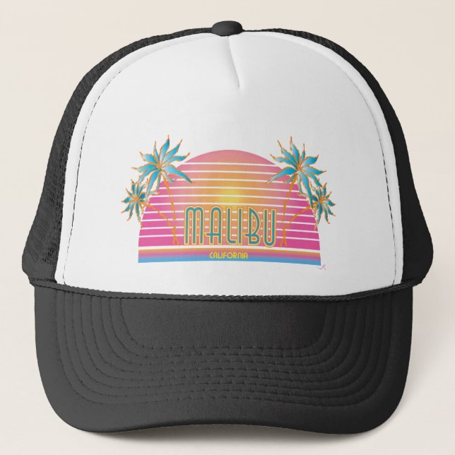 Malibu-CA-Sun Palm Trees Cool Logo Trucker Hat (Front)