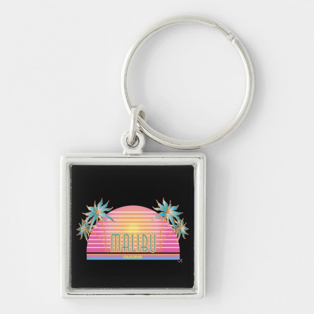 Malibu, CA Sun, Palm Trees Graphic Keychain (Front)