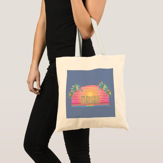 Malibu, CA Sun, Palm Trees Graphic Modern Cool Tote Bag (Front (Product))