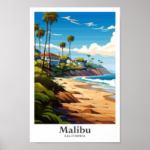 Malibu California Art Vintage Travel Illustration Poster