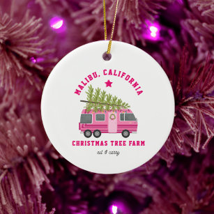 Malibu California Christmas Tree Farm Pink RV Ceramic Ornament