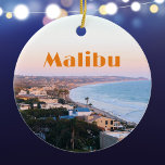Malibu California Coast photo Ceramic Ornament<br><div class="desc">Malibu,  California aerial photo of a curve in the coastline along the beach near the Pacific Coast Highway. The name Malibu is at the top in a Deco font.</div>
