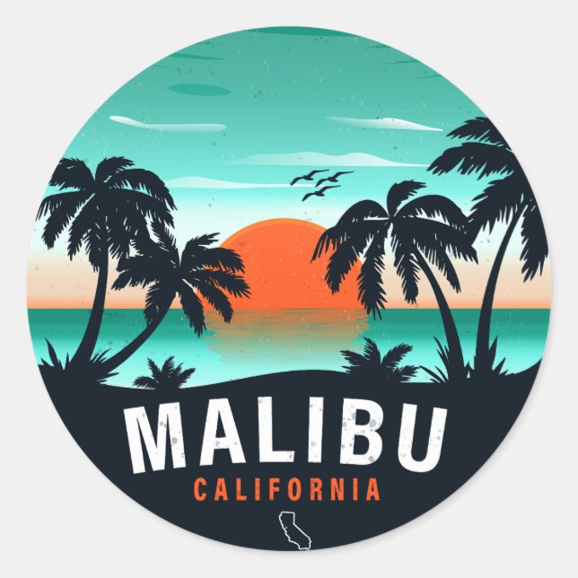 Malibu California Retro Sunset Tropical Souvenirs Classic Round Sticker (Front)