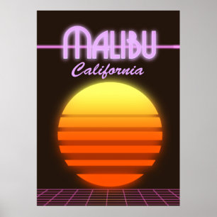Malibu California sunset travel poster