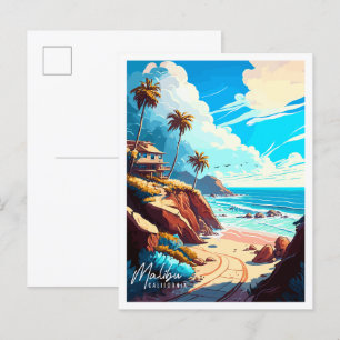 Malibu California vintage travel illustration Postcard