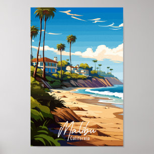 Malibu California vintage travel illustration Poster