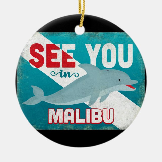 Malibu Dolphin - Retro Vintage Travel Ceramic Ornament (Front)