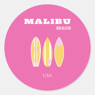Malibu, Malibu Beach, Travel Art, Preppy, Pink Classic Round Sticker