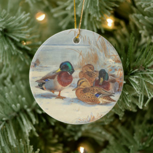 Mallard and teal in the snow, Birds Ceramic Ornament