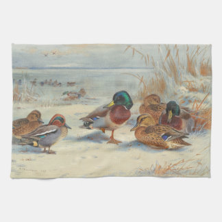 Mallard and teal in the snow, Birds Kitchen Towel