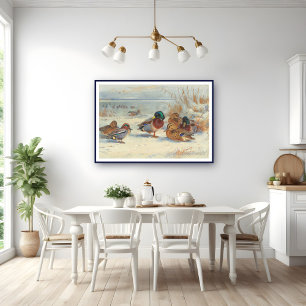 Mallard and teal in the snow, Birds Poster