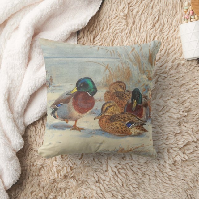 Mallard and teal in the snow, Birds Throw Pillow (Blanket)