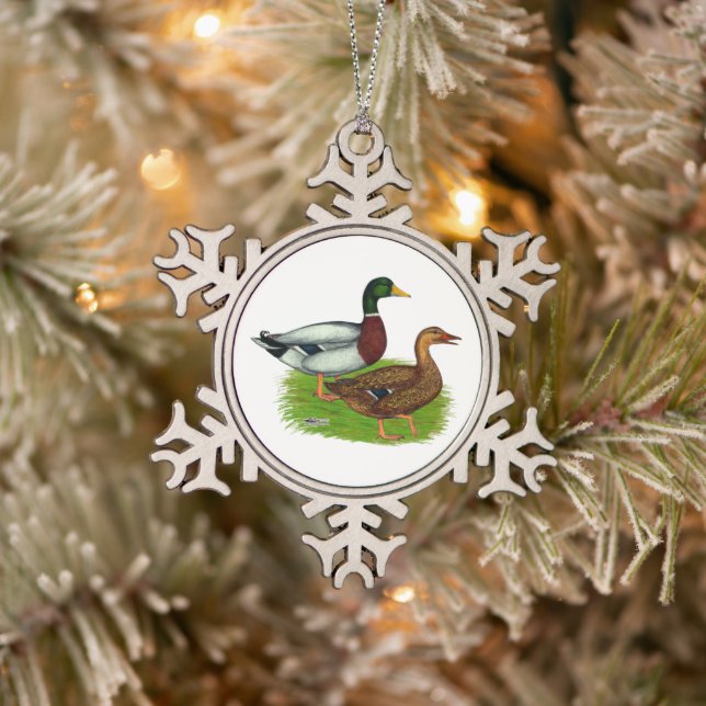 Mallard Drake and Duck Snowflake Pewter Christmas Ornament (Tree)