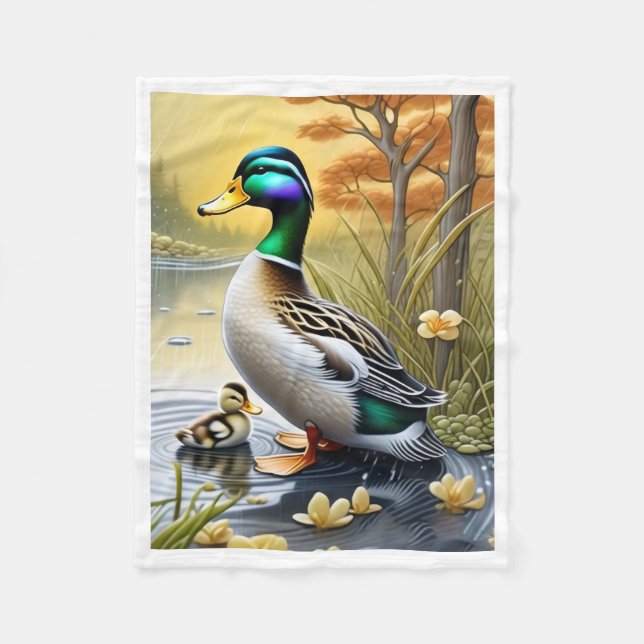 Mallard Duck and Duckling Fleece Blanket (Front)