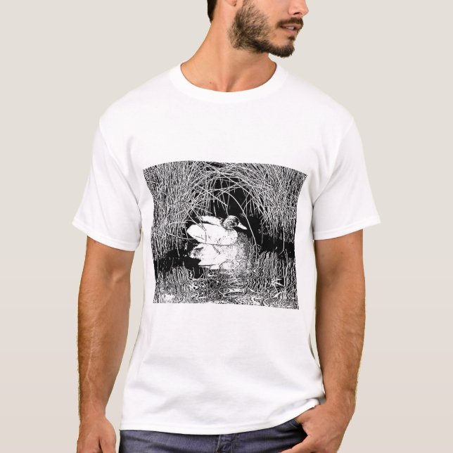 Mallard Duck Black White Distinguished Lake Bird T-Shirt (Front)