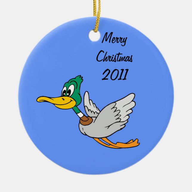 Mallard Duck Cartoon Flying Ceramic Ornament (Front)