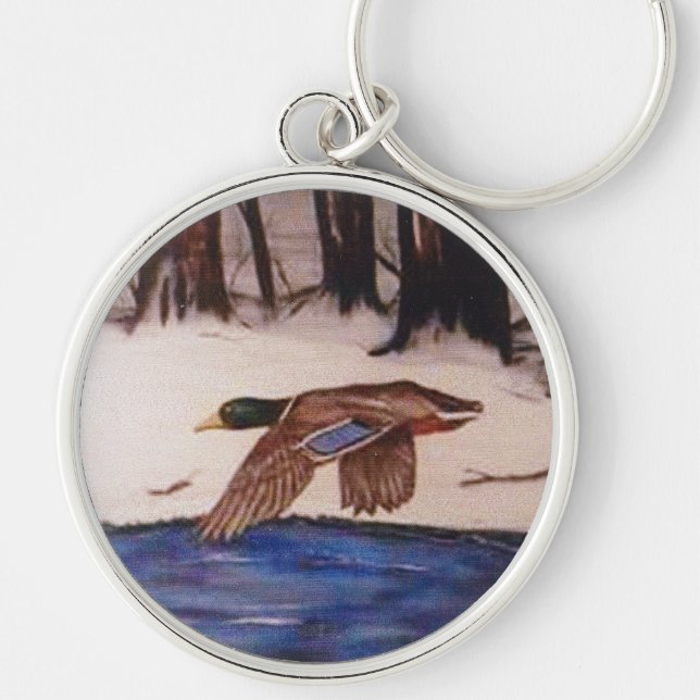 Mallard Duck Flying in Winter Keychain (Front)