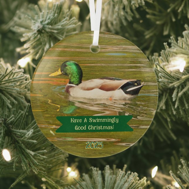 MALLARD DUCK GLIDING ACROSS POND GLASS ORNAMENT (Insitu)