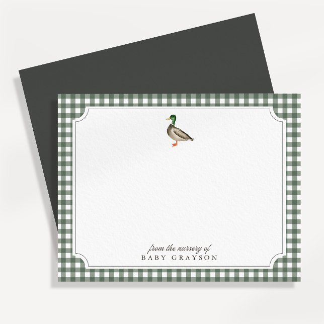 Mallard Duck Green Gingham Nursery Note Card (Creator Uploaded)