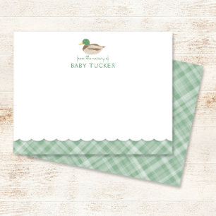 Mallard Duck Green Preppy Plaid Baby Boy Note Card