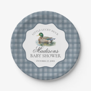 Mallard Duck Hunting Blue Gingham Boy Baby Shower Paper Plate