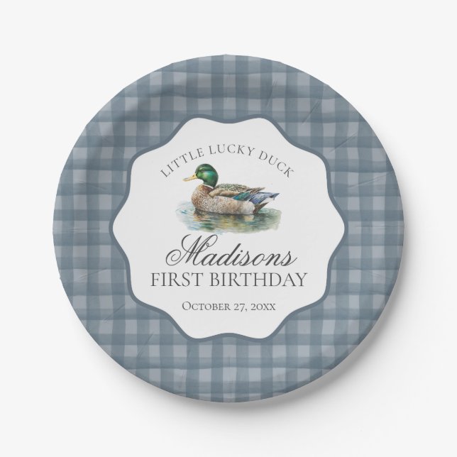 Mallard Duck Hunting Blue Gingham Boy Birthday Paper Plate (Front)
