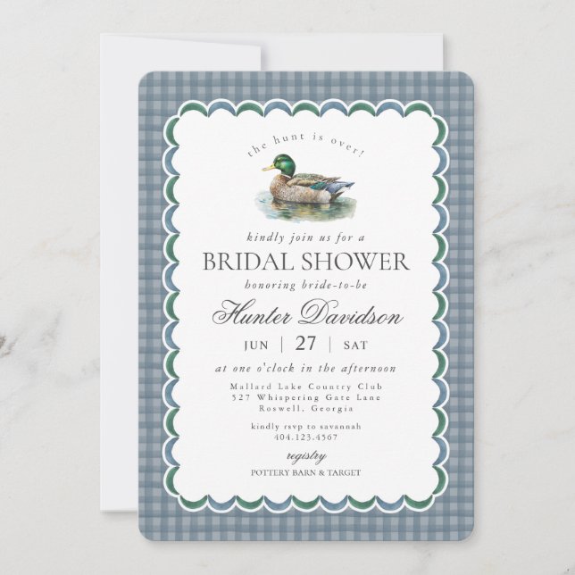 Mallard Duck Hunting Blue Gingham Bridal Shower Invitation (Front)