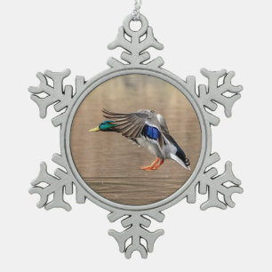 Mallard Duck in flight Snowflake Pewter Christmas Ornament
