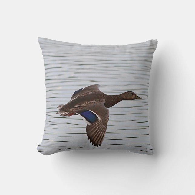 Mallard duck in flight throw pillow (Front)