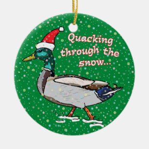 Mallard Duck in Santa Hat Quacking through Snow Ceramic Ornament