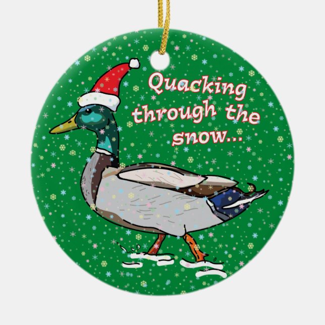 Mallard Duck in Santa Hat Quacking through Snow Ceramic Ornament (Front)