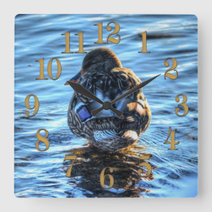 Mallard Duck in Winter River - Wildlife Photo Square Wall Clock