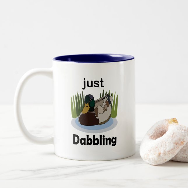Mallard Duck Just Dabbling Pool Party Two-Tone Coffee Mug (With Donut)
