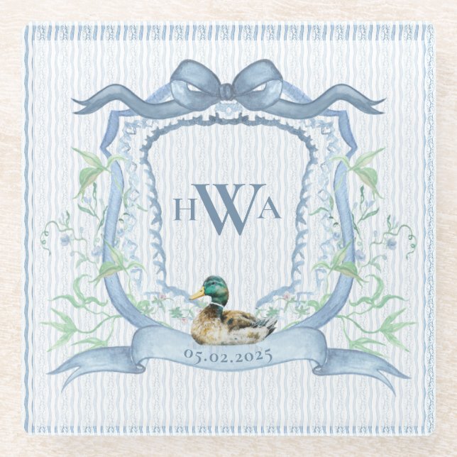 Mallard Duck Monogram Grandmillennial Glass Coaster (Front)