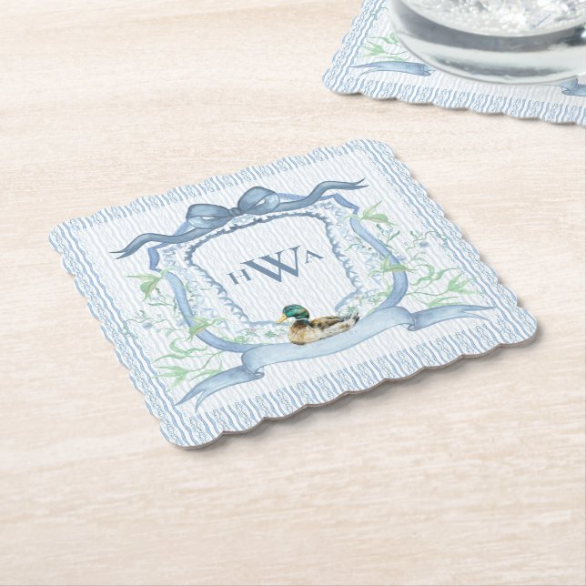 Mallard Duck Monogram Grandmillennial Paper Coaster (Angled)