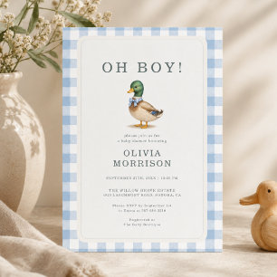 Mallard Duck Oh Boy Blue Gingham Baby Shower Invitation