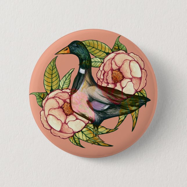 Mallard Duck Peony Nature Lovers                   2 Inch Round Button (Front)