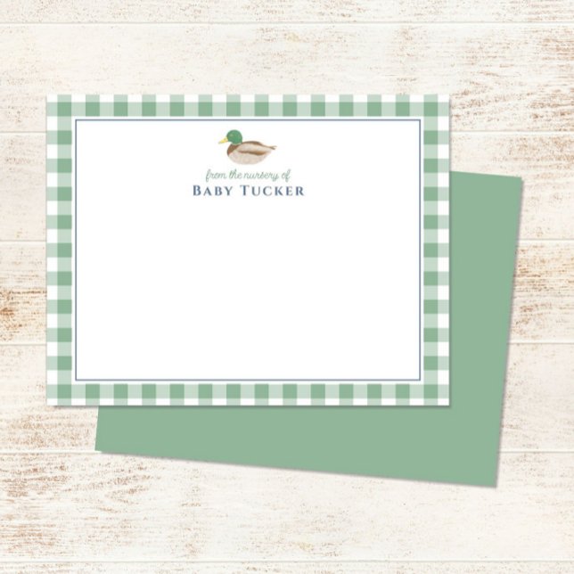 Mallard Duck Preppy Gingham Baby Boy Note Cards (Creator Uploaded)