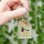Mallard Duck Realistic Illustration Personalized Keychain<br><div class="desc">Create a personalized gift that's perfect for bird lovers when you add their name to this keychain. It features a realistic style illustration of a male mallard duck in green and brown against a pale green background with a name or other text in coordinating olive green lettering.</div>