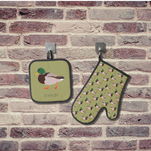 Mallard Duck Realistic Illustration Personalized Oven Mitt & Pot Holder Set