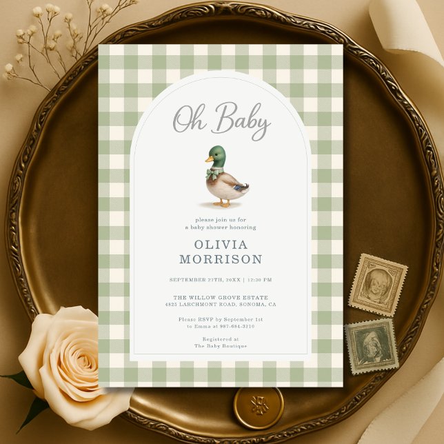Mallard Duck Sage Green Gingham Baby Shower Invitation (Creator Uploaded)