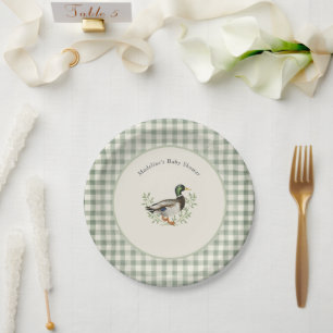 Mallard Duck Sage Green Gingham Baby Shower Paper Plate