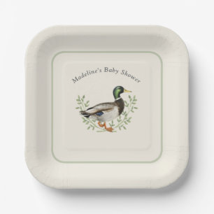 Mallard Duck Sage Green Vintage Baby Shower Paper Plate