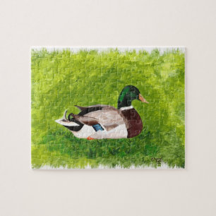 Mallard Duck Sitting in the Grass Painting, Puzzle
