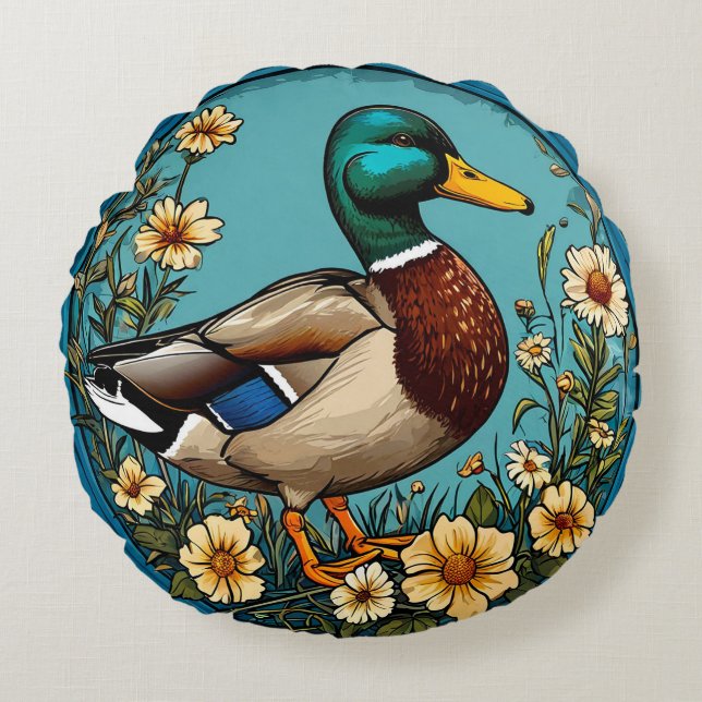 Mallard Duck Surrounded by Vibrant Flowers in a Sc Round Pillow (Front)
