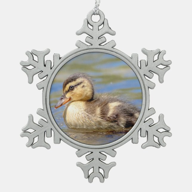 Mallard Duckling Snowflake Pewter Christmas Ornament (Front)