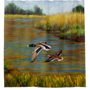 Mallard Ducks Flying Over Pond