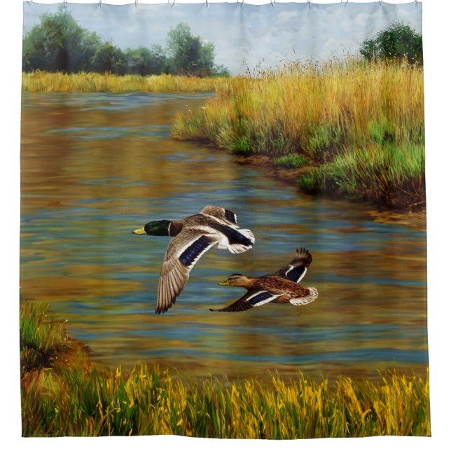 Mallard Ducks Flying Over Pond (Front)