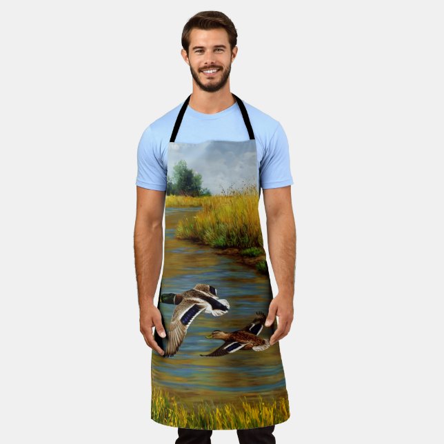 Mallard Ducks Flying Over Pond Apron (Worn)
