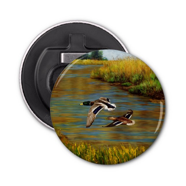 Mallard Ducks Flying Over Pond Bottle Opener (Front)